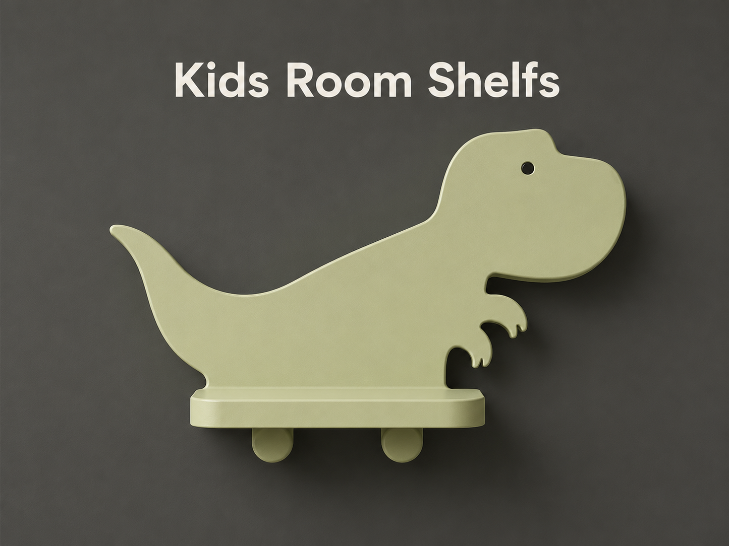 A pale yellow-green dinosaur-shaped wall shelf mounted on a dark gray wall, with the text 'Kids Room Shelves' above it.
