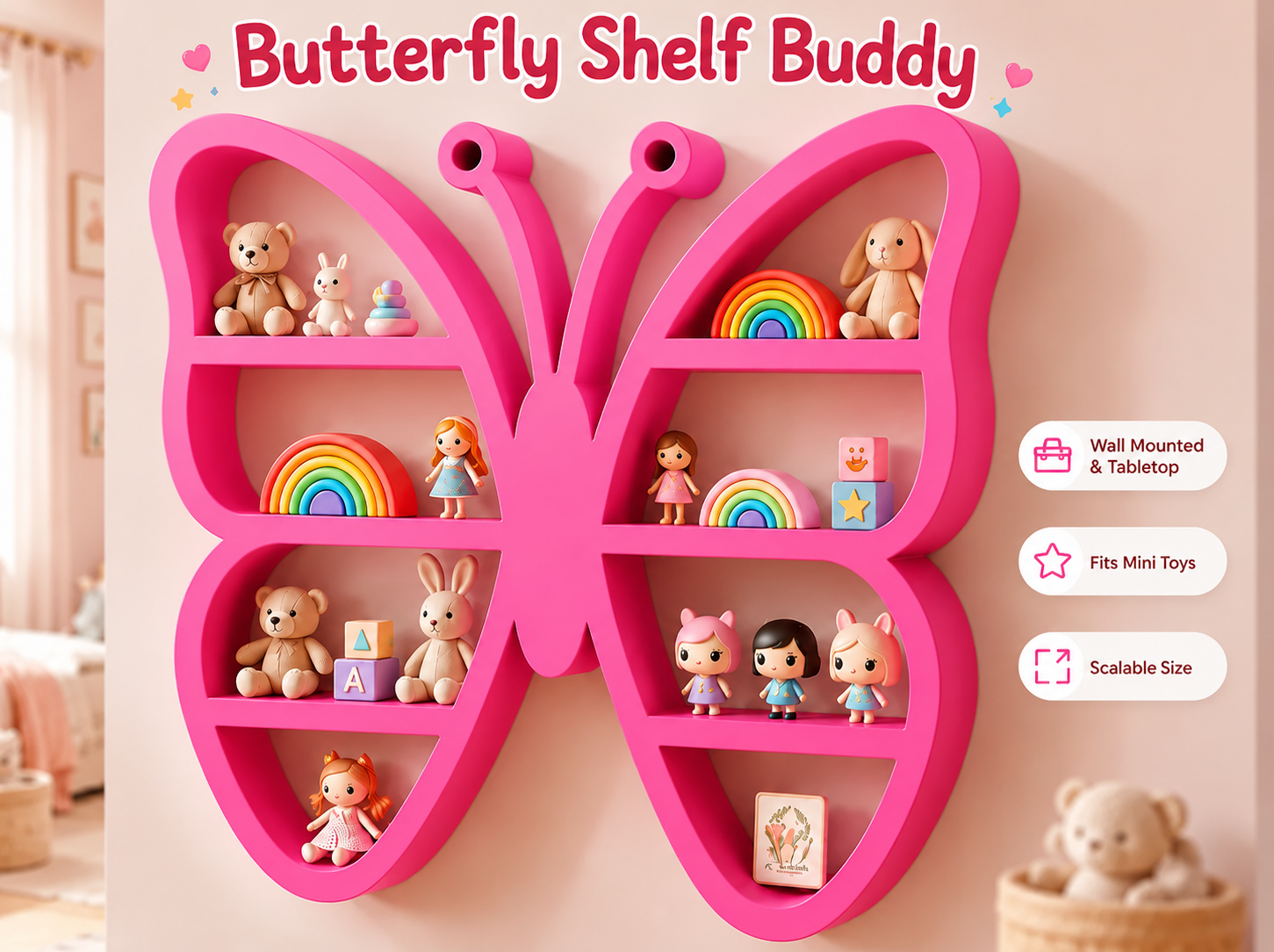 A pink butterfly-shaped wall shelf mounted on a beige wall, styled with mini toys and rainbows. The image includes text overlays reading 'Butterfly Shelf Buddy' and three feature callouts on the right.