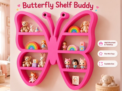 A pink butterfly-shaped wall shelf mounted on a beige wall, styled with mini toys and rainbows. The image includes text overlays reading 'Butterfly Shelf Buddy' and three feature callouts on the right.