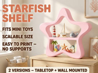 A pink starfish-shaped floating shelf displayed on a light wood dresser in a bright room. The shelf has two tiers and is shown holding small decorative items like a lighthouse, sailboat, whale, palm tree, and starfish.