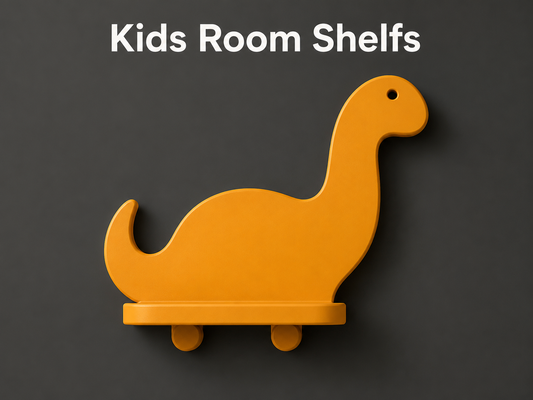 An orange dinosaur-shaped wall shelf mounted on a dark gray wall, with the text 'Kids Room Shelves' in white at the top.