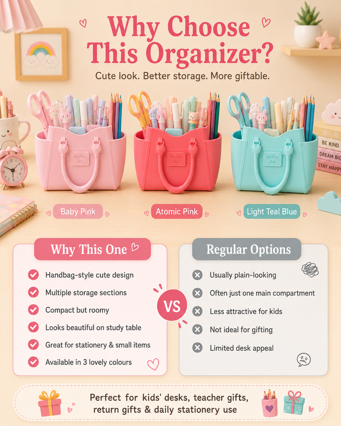A promotional graphic for a desk organizer set, showing three tote-style organizers in pink, pinkish-red, and light teal blue filled with pens and scissors. The image includes text labels for the colors ('Baby Pink', 'Atomic Pink', 'Light Teal Blue') and comparison text versus regular options, on a pastel desk background.