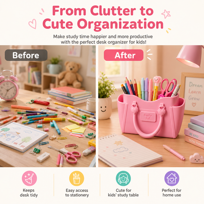 Promotional graphic for a pink tote-style desk organizer, showing a messy desk labeled 'Before' on the left and an organized desk labeled 'After' on the right. The organizer holds pens, pencils, scissors, and other stationery.