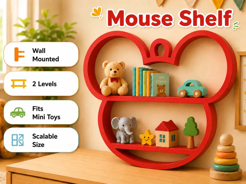 A red heart-shaped wall-mounted mouse shelf with two levels, styled with toys and books in a child's room. The left side features a vertical list of product features: 'Wall Mounted', '2 Levels', 'Fits Mini Toys', and 'Scalable Size'.