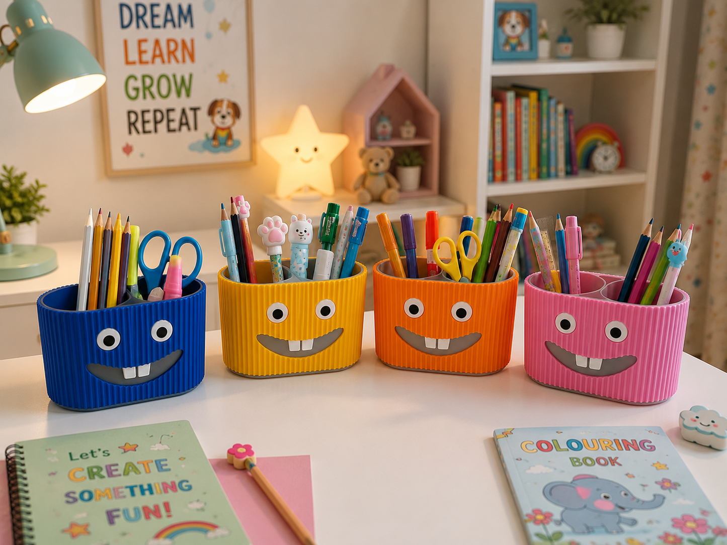 Kids washroom storage organizer with smiley face design for toothbrushes and toothpaste