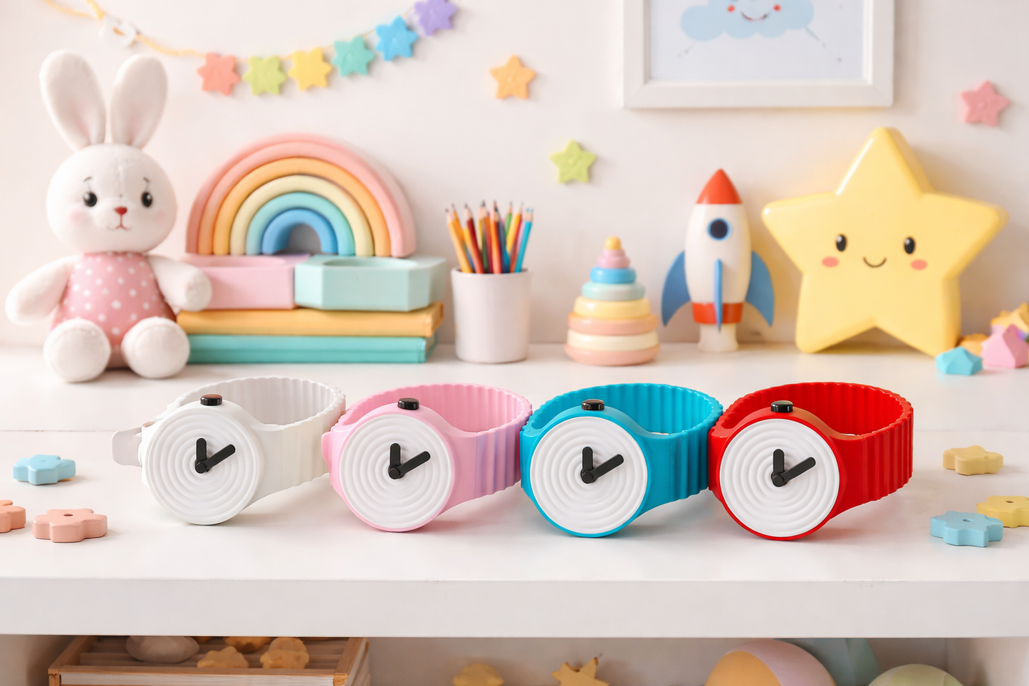 Colorful wristbands on a shelf with toys and decorations in the background