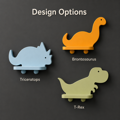 Three dinosaur-shaped shelf designs labeled Design Options: a light blue Triceratops, an orange Brontosaurus, and a pale green T-Rex, shown on a dark gray background with white text.
