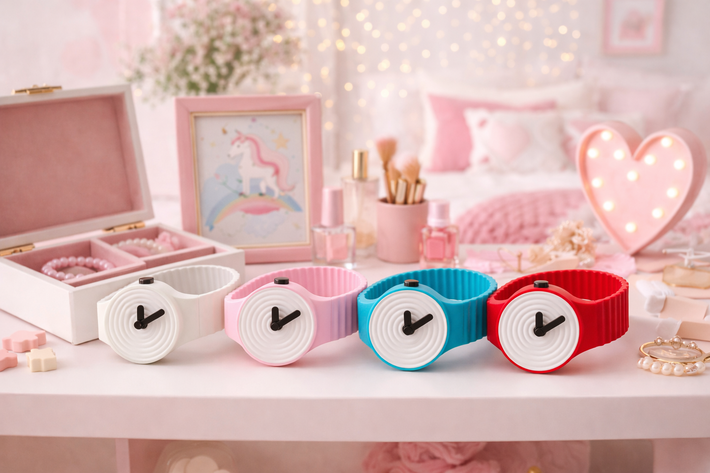 Set of colorful bracelets on a table with a pink-themed room in the background