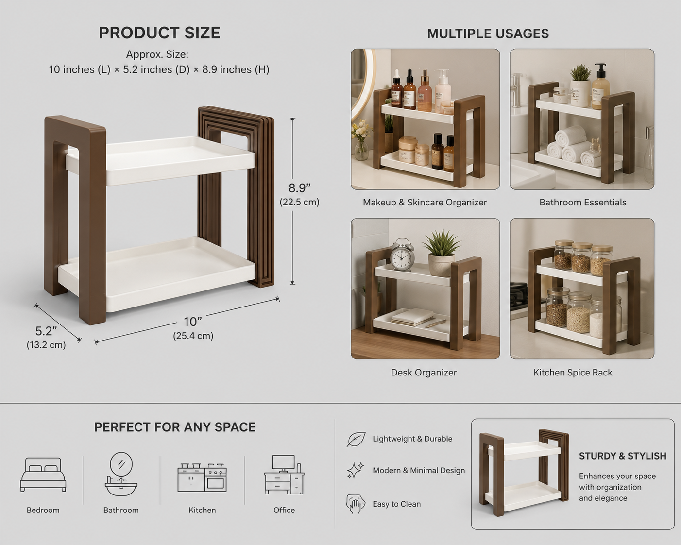 A product information graphic for a two-tier wooden and white shelf. The left side shows a 3D product rendering with dimensions labeled (10 inches by 5.