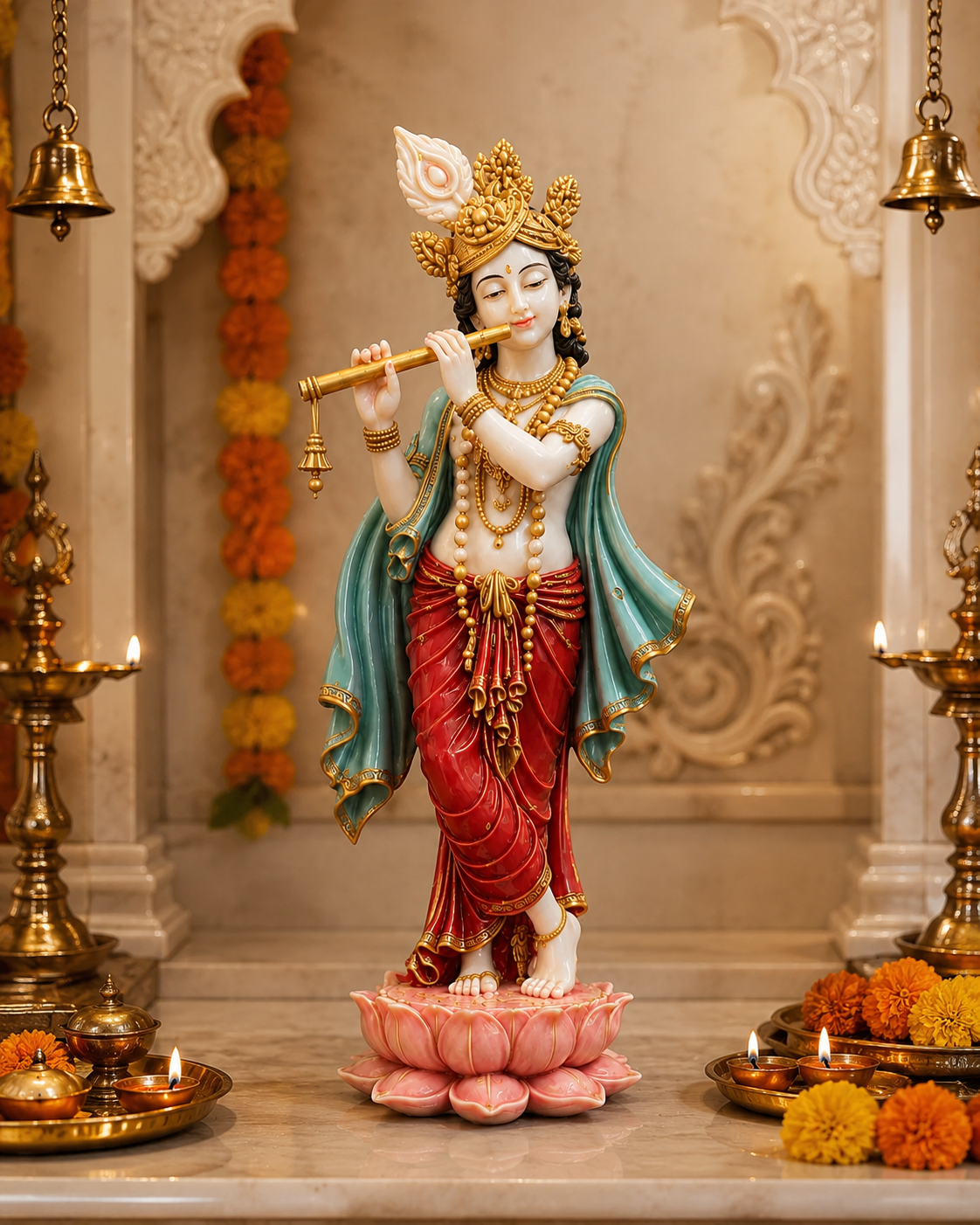 A colorful religious statue of Lord Krishna standing on a pink lotus pedestal, playing a golden flute. The statue has a white skin tone, a red drape, a teal-blue outer garment, and gold jewelry and crown.
