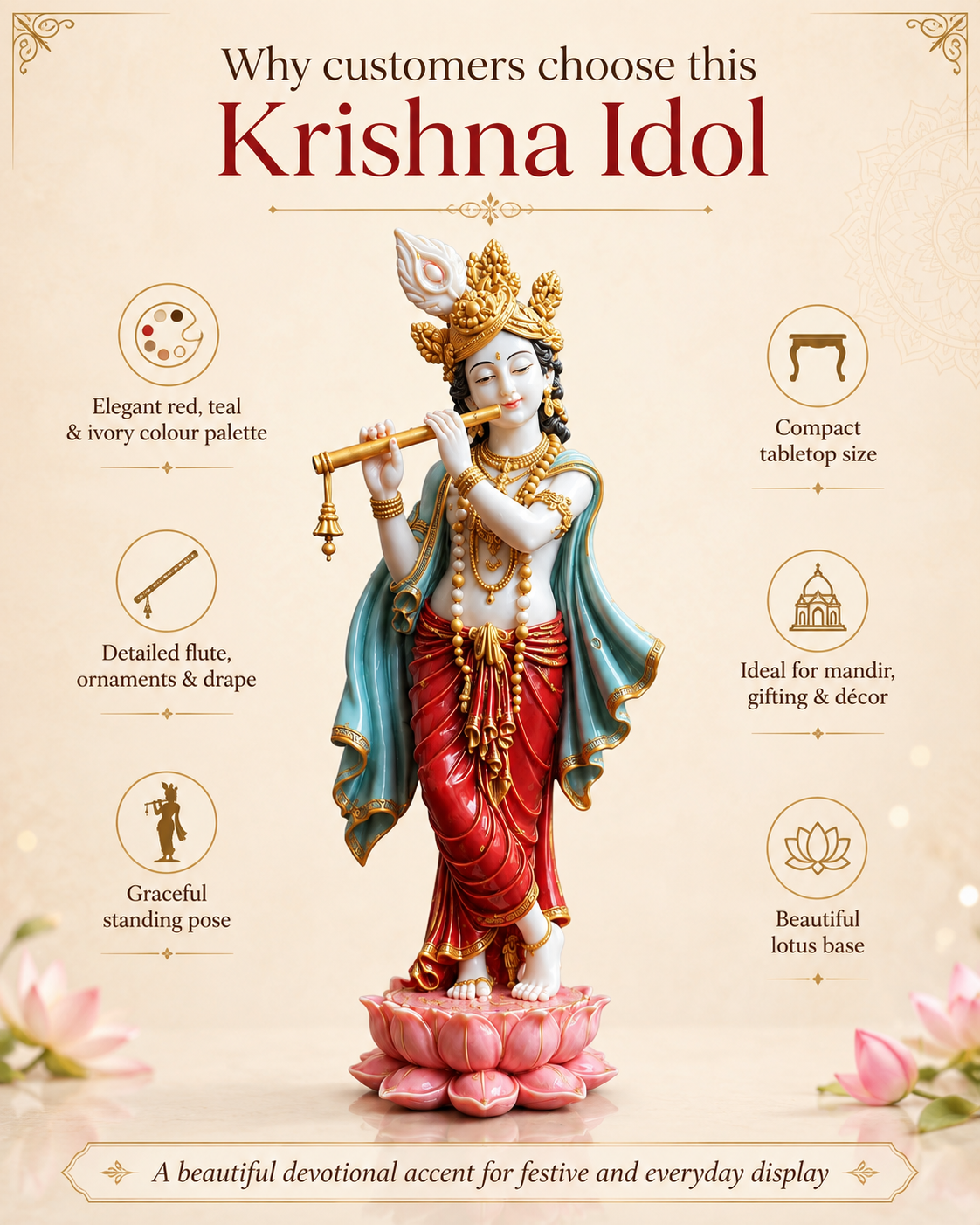A decorative Krishna idol statue shown on a pink lotus base with marketing text around it on a beige background. The statue depicts the Hindu deity Krishna in a red and teal drape with gold ornaments, holding a flute, standing on a pink lotus pedestal.