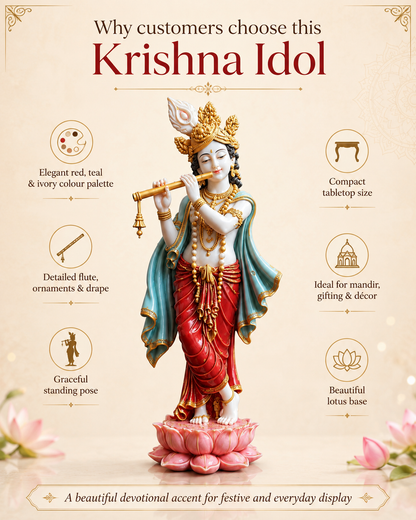 A decorative Krishna idol statue shown on a pink lotus base with marketing text around it on a beige background. The statue depicts the Hindu deity Krishna in a red and teal drape with gold ornaments, holding a flute, standing on a pink lotus pedestal.