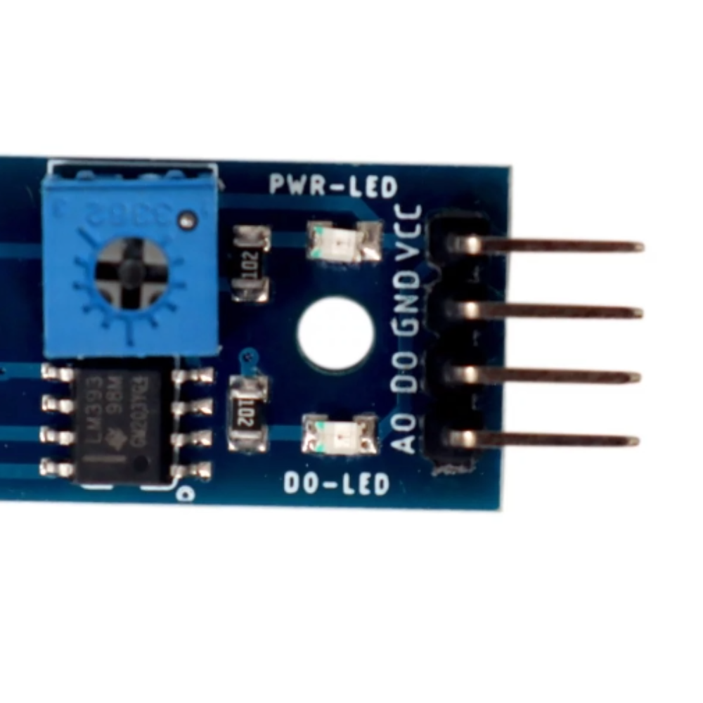 Electronic component with labeled pins on a white background