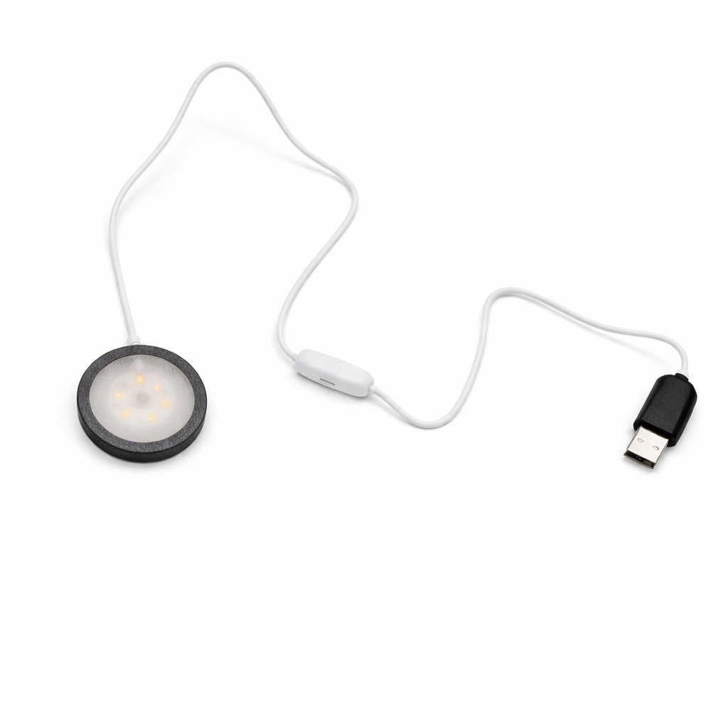 Small round light with a USB cable on a white background