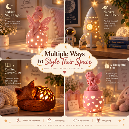A four-panel promotional collage showing pink decorative night lights and nursery decor products in use: a fairy-shaped night light by the bedside, a rocket-shaped night light in a nursery, a fox-shaped night light reading in a corner, and a pink fairy candle holder with heart cutouts. The center text reads 'Multiple Ways to Style Their Space' with small hearts and stars.