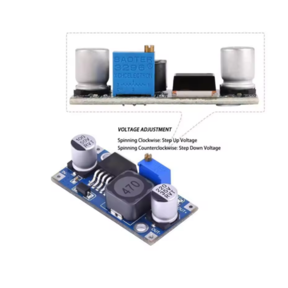 Electronic voltage adjustment module with components on a white background