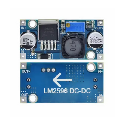 Blue electronic module with LM2596 DC-DC controller on a white background