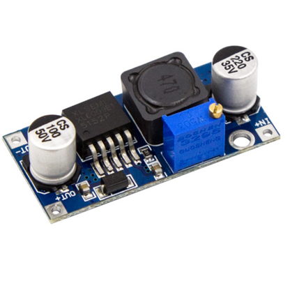 LM2596 DC-DC buck converter module used for adjustable step-down voltage regulation in Arduino, ESP32, and DIY electronics projects
