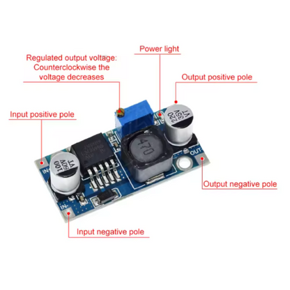 Electronic voltage regulator module with labeled components on a white background