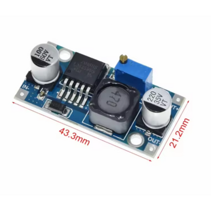 Electronic circuit board with components and dimensions labeled on a white background