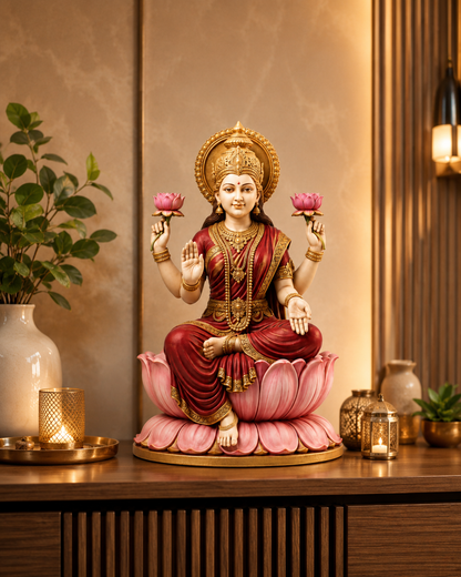A decorative statue of a seated Hindu goddess on a pink lotus base, placed on a wooden table in a warmly lit interior setting with candles, vases, and plants.