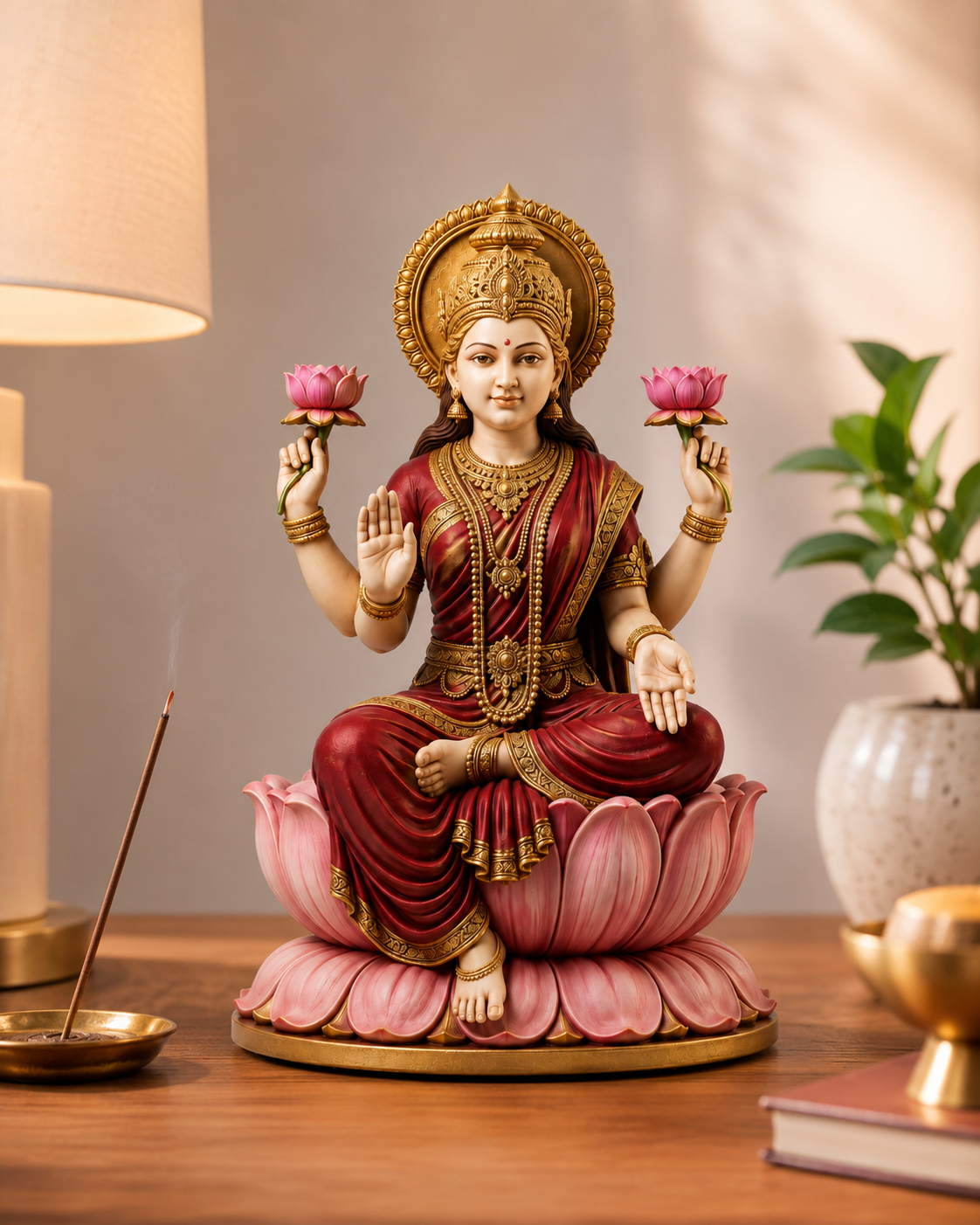 A decorative statue of a seated Hindu goddess on a pink lotus base, styled on a wooden table with a lamp, incense holder, and plant in the background.