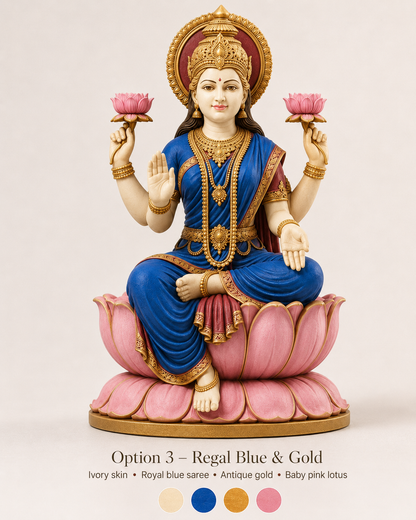 A decorative statue of a seated Hindu deity on a pink lotus base, shown against a plain light background with text at the bottom reading 'Option 3 - Regal Blue & Gold' and small color swatches.