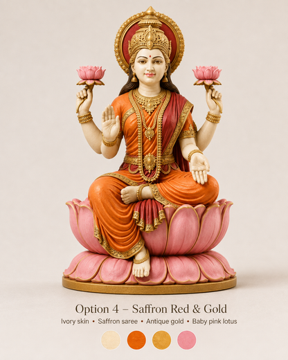 A decorative statue of a seated Hindu deity on a pink lotus base, shown against a plain light beige background. The figure wears an orange and saffron robe with gold jewelry and holds pink lotus flowers.