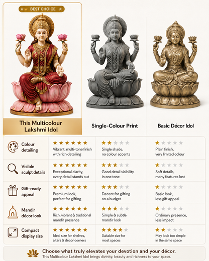A comparison infographic for Lakshmi idols showing three options: a multicolor print idol, a single-color print idol, and a basic decor idol. The left column details the features of the multicolor print idol, the center column details the single-color print idol, and the right column details the basic decor idol.