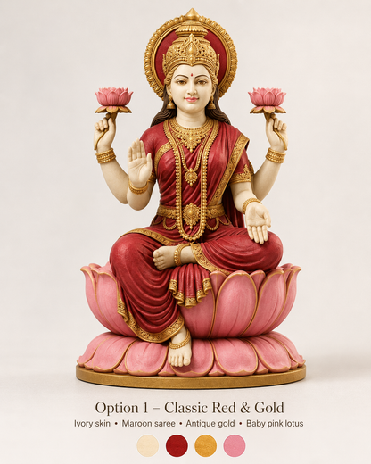 A decorative statue of a seated Hindu goddess on a pink lotus pedestal, dressed in deep red with ornate gold jewelry and halo details, photographed against a light neutral background. Text below reads 'Option 1 - Classic Red & Gold' with small color swatches.