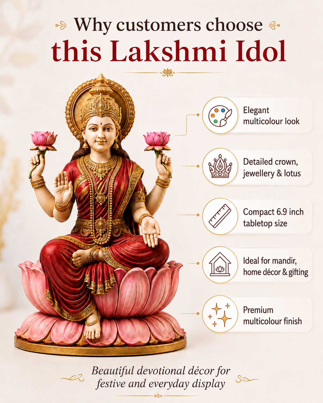 A promotional graphic for a Lakshmi idol, showing a seated multicolored statue on a pink lotus base with text callouts about its features and benefits on a light beige background.