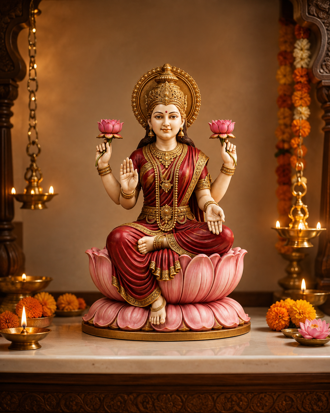 A decorative statue of a seated Hindu goddess on a pink lotus pedestal, wearing a red and gold sari with gold jewelry and holding pink lotus flowers, displayed in a lit temple-like setting with candles and marigold garlands.