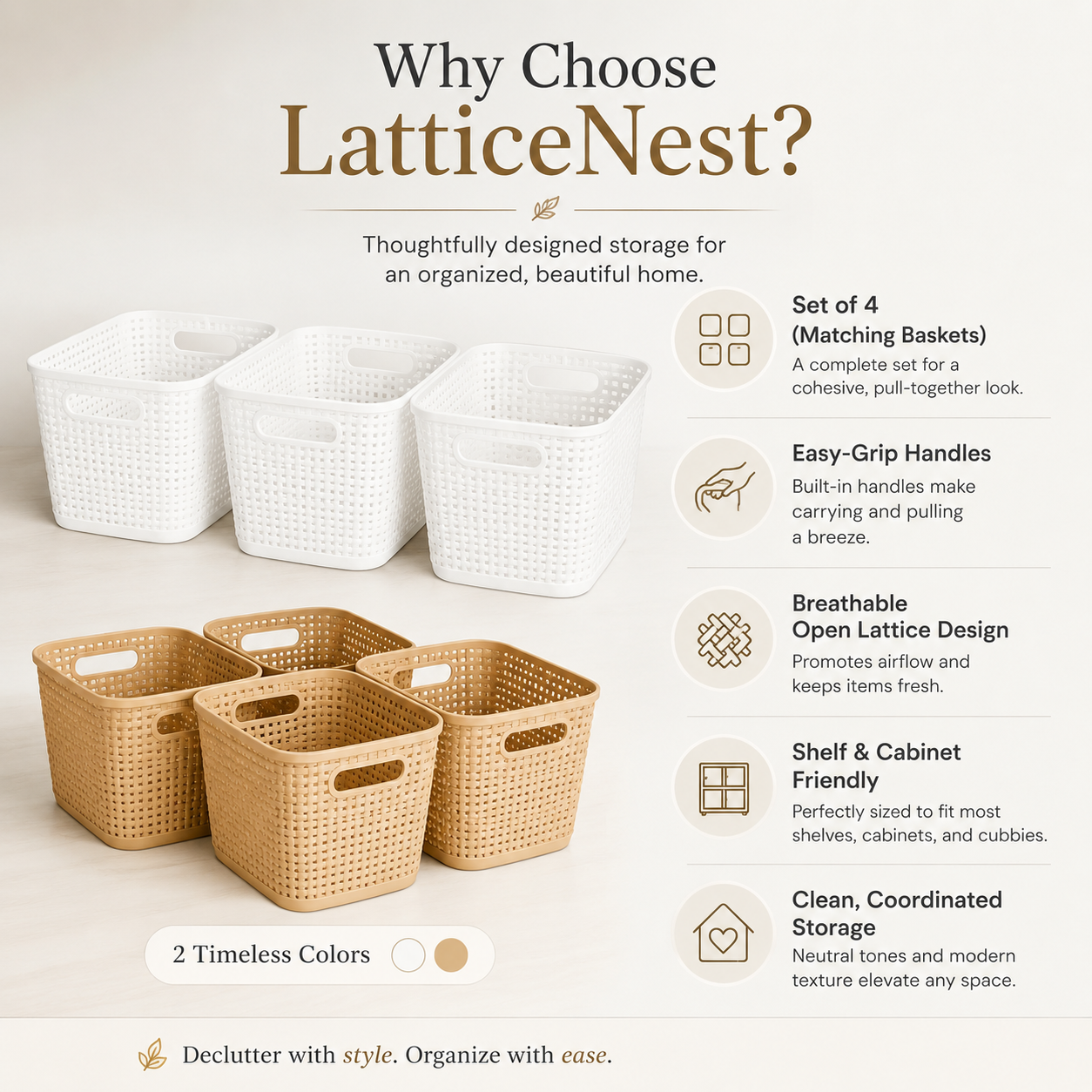 Promotional graphic for LatticeNest storage baskets showing a set of four woven rectangular baskets in two colorways: white and natural beige/tan. The image includes marketing text and feature callouts such as matching set, easy-grip handles, breathable open lattice design, shelf and cabinet friendliness, and clean coordinated storage.