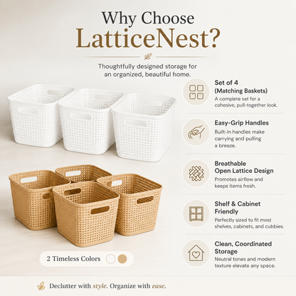 Promotional graphic for LatticeNest storage baskets showing a set of four woven rectangular baskets in two colorways: white and natural beige/tan. The image includes marketing text and feature callouts such as matching set, easy-grip handles, breathable open lattice design, shelf and cabinet friendliness, and clean coordinated storage.