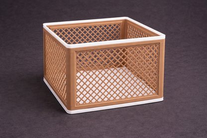 Woven basket with lattice design on a dark background