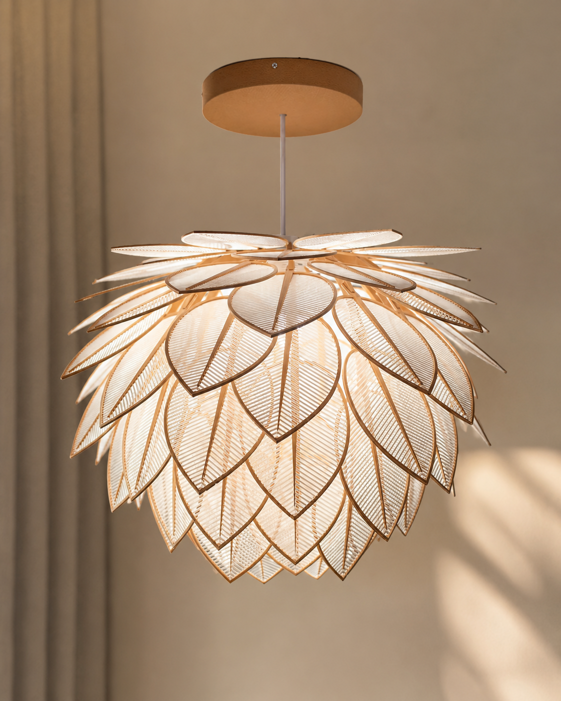 Modern pendant light with a unique design on a neutral background