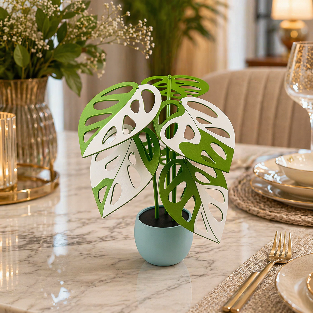Leaf shape coasters used in kitchen setup with tea cups and wooden counter