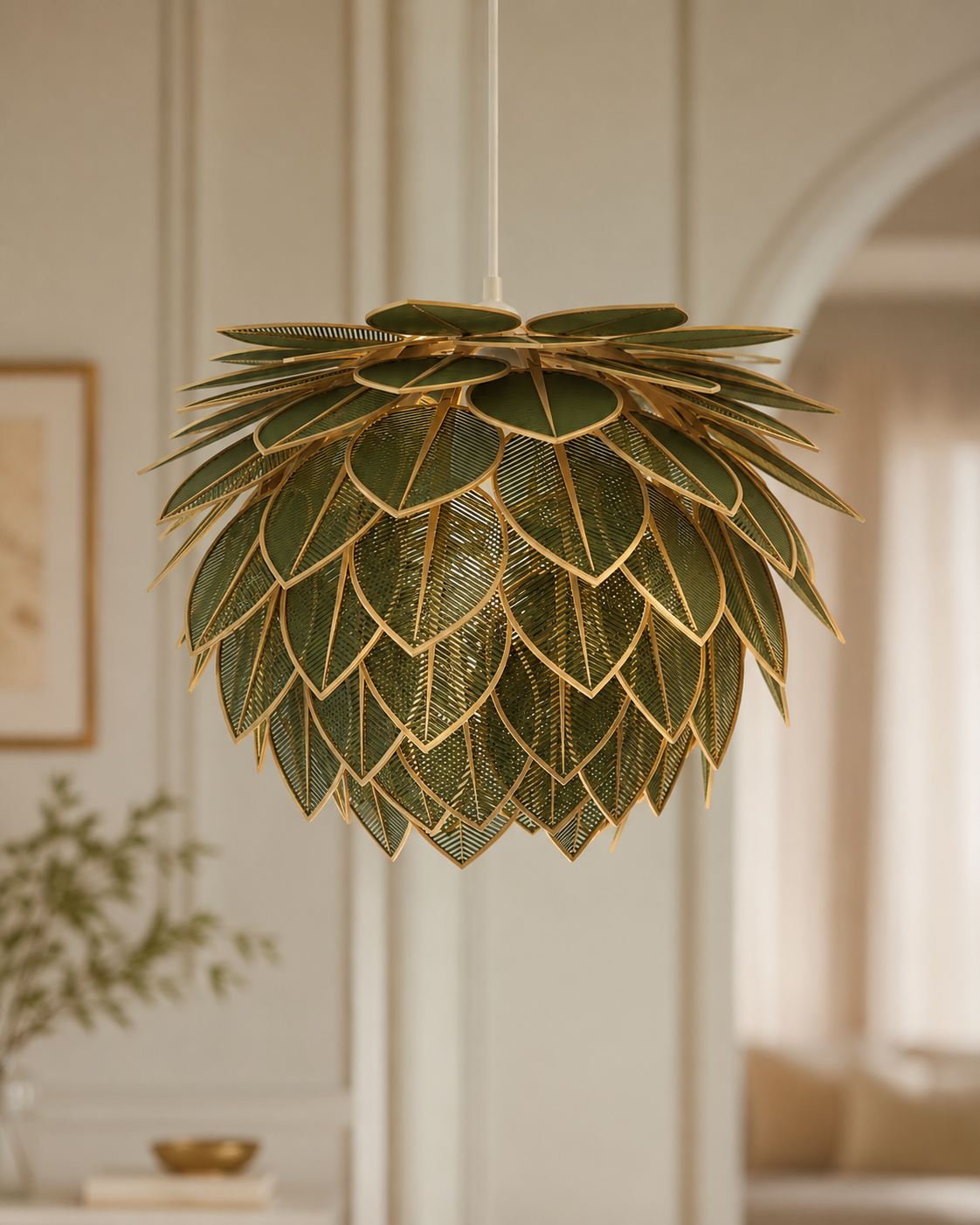 Leaf green ceiling pendant lamp with brown frame and layered leaf design for modern home decor and statement lighting.