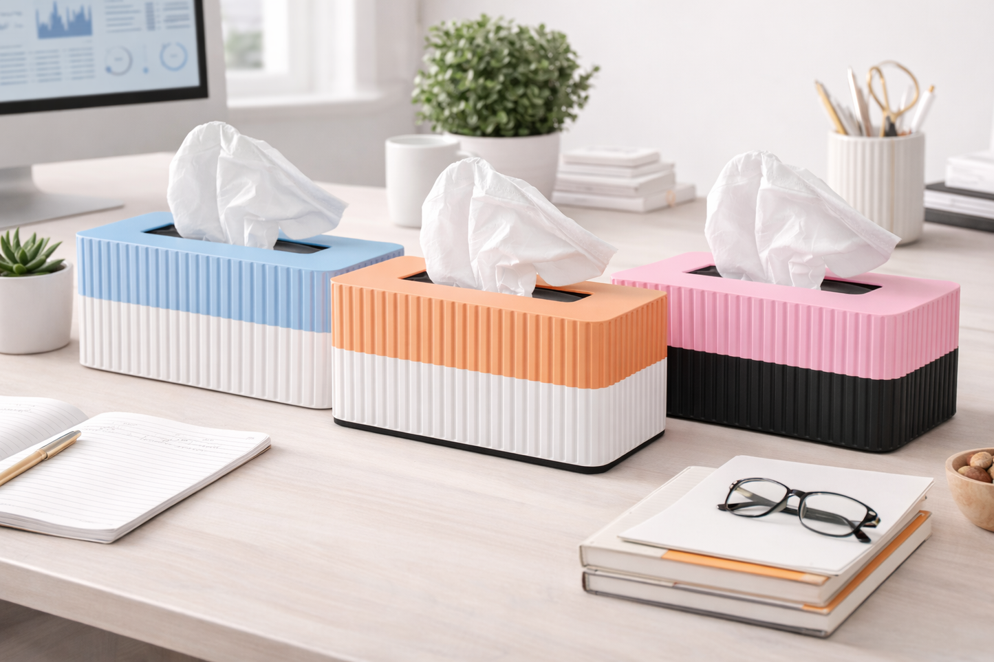 Colorful tissue boxes on a desk with office supplies