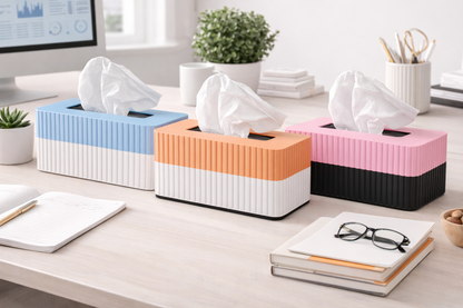 Colorful tissue boxes on a desk with office supplies