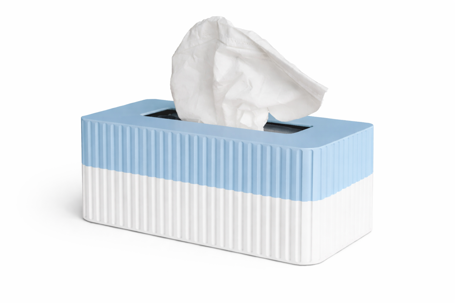 Tissue box with ribbed design in light blue and white on a white background