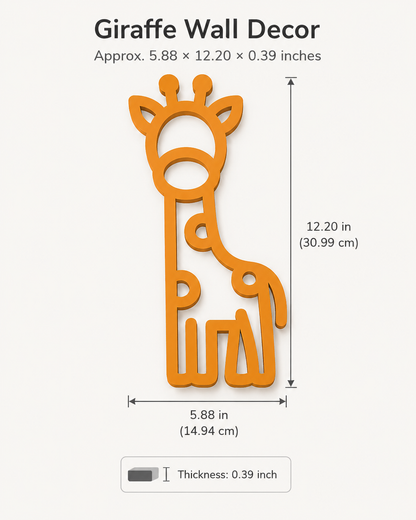 Orange giraffe-shaped wall decor shown with dimension labels and measurements on a light gray background, including height of 12.20 inches, width of 5.