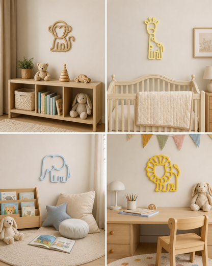 A four-panel collage showing a styled children's nursery with animal wall decorations: a monkey, giraffe, elephant, and lion mounted on cream walls above a shelf, crib, bed, and desk.