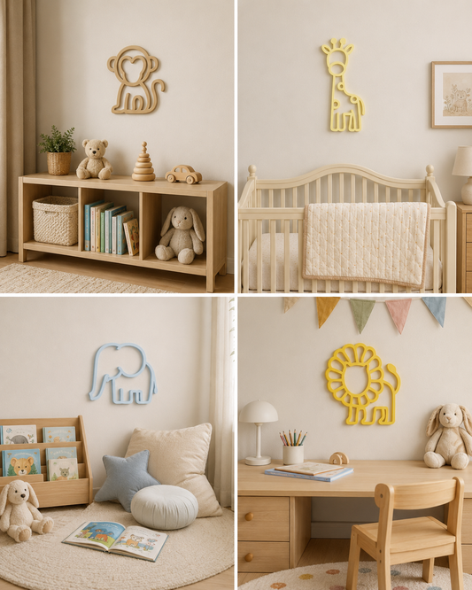 A four-panel collage showing a styled children's nursery with animal wall decorations: a monkey, giraffe, elephant, and lion mounted on cream walls above a shelf, crib, bed, and desk.