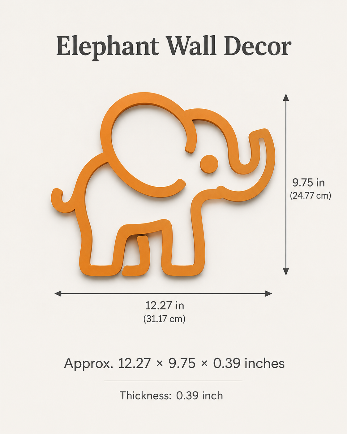Orange elephant wall decor silhouette with dimension arrows and text showing width, height, and thickness on a light beige background.