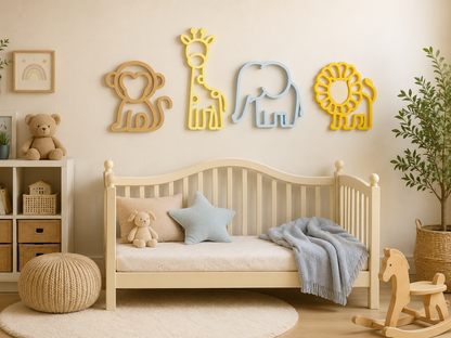 Lion wall decor size guide showing raised safari animal wall accent for kids room and nursery decor