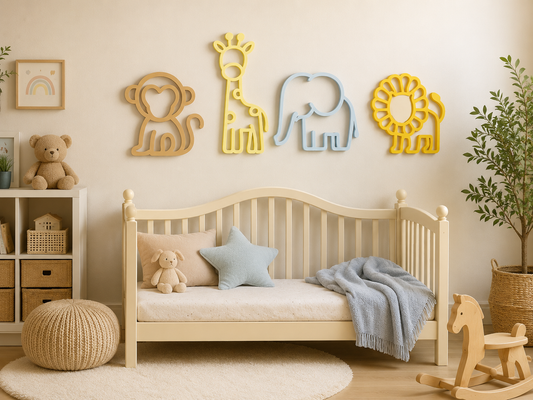 Lion wall decor size guide showing raised safari animal wall accent for kids room and nursery decor