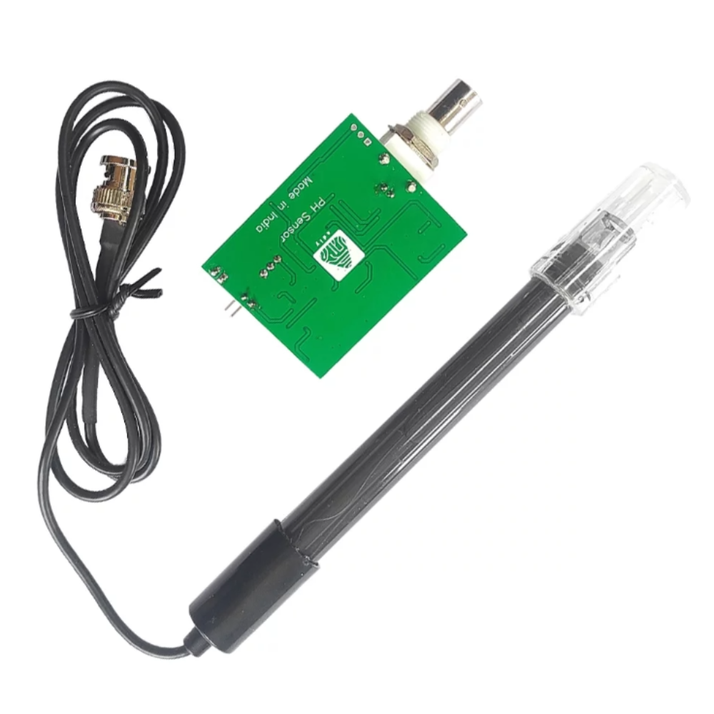 Electronic component with green circuit board, black cable, and transparent probe on a white background