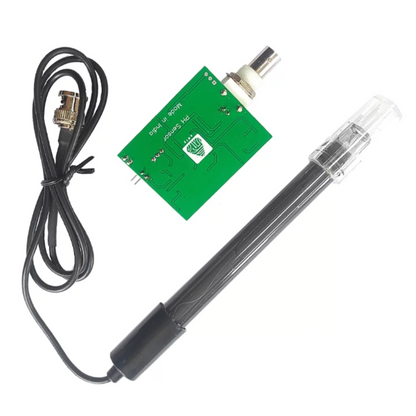 Electronic component with green circuit board, black cable, and transparent probe on a white background