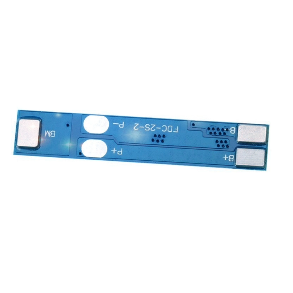 Blue electronic component with labeled connectors on a white background